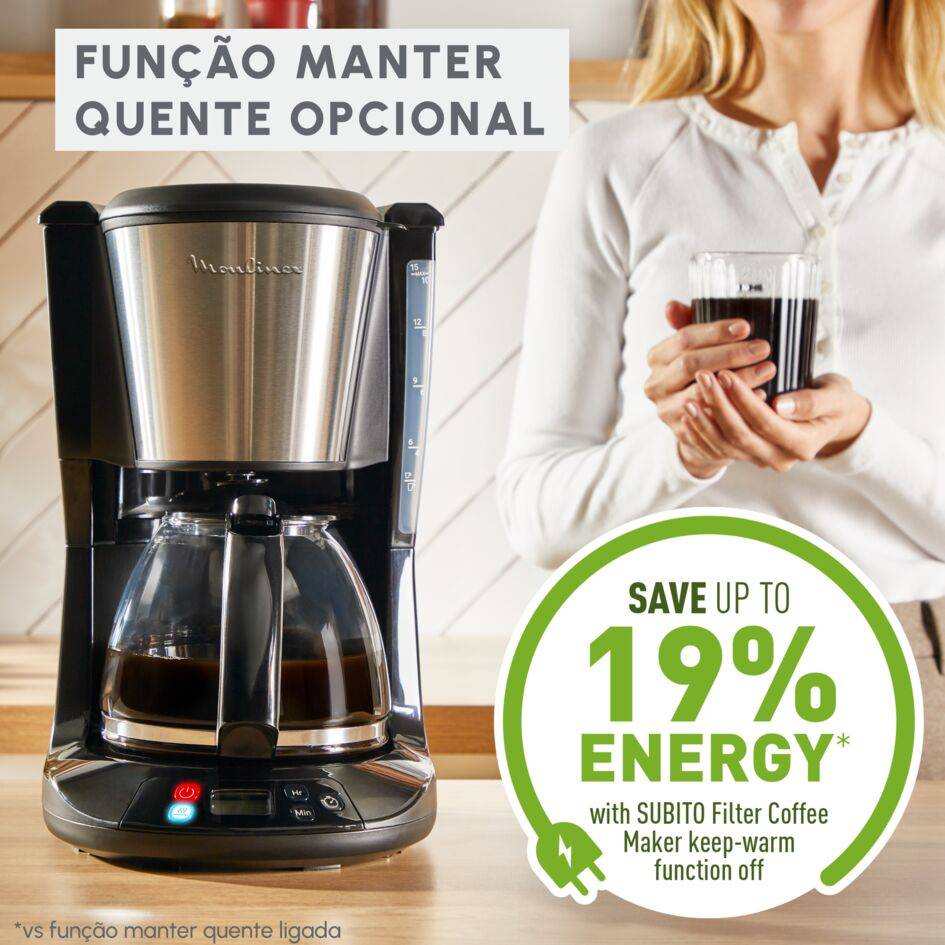 Subito, Cafeteira de Filtro, Função Manter Quente Opcional, Temporizador, Preto e Inox