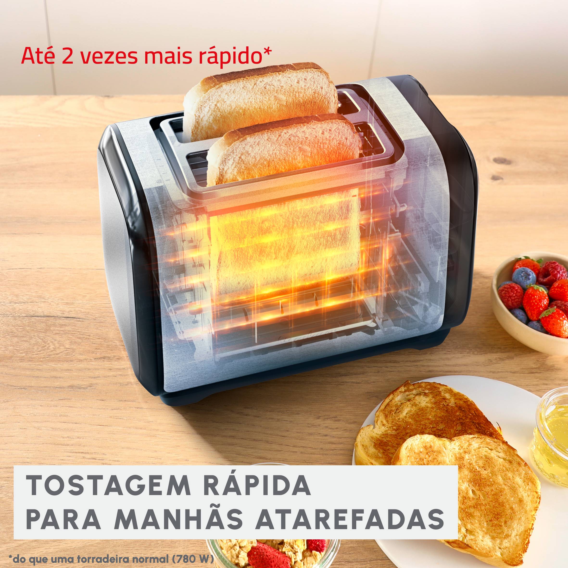 Subito, Torradeira de 2 Fendas, Tostagem Mais Rápida, Eficiência Energética, Preto e Inox