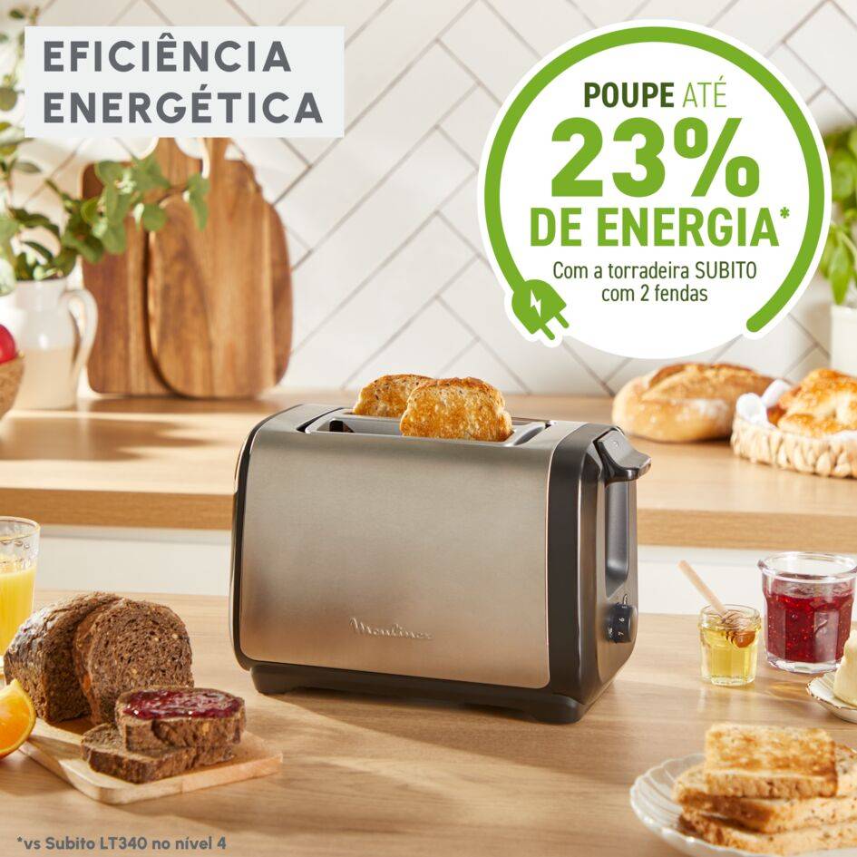 Subito, Torradeira de 2 Fendas, Tostagem Mais Rápida, Eficiência Energética, Preto e Inox