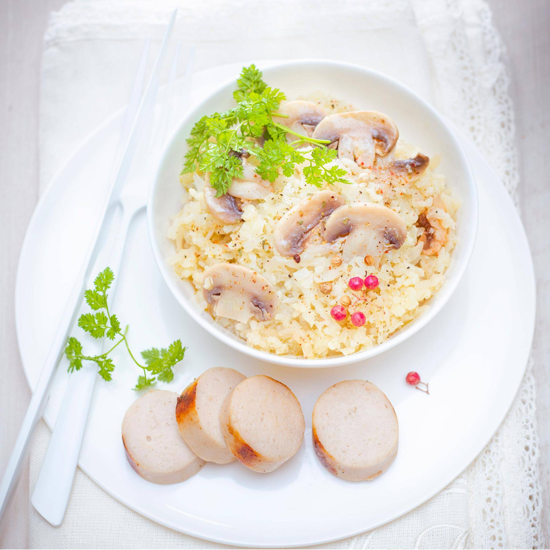 Risotto de couve flor, cogumelos e « boudin blanc » (salsicha de carnes brancas) - Receita Companion Connect | Moulinex