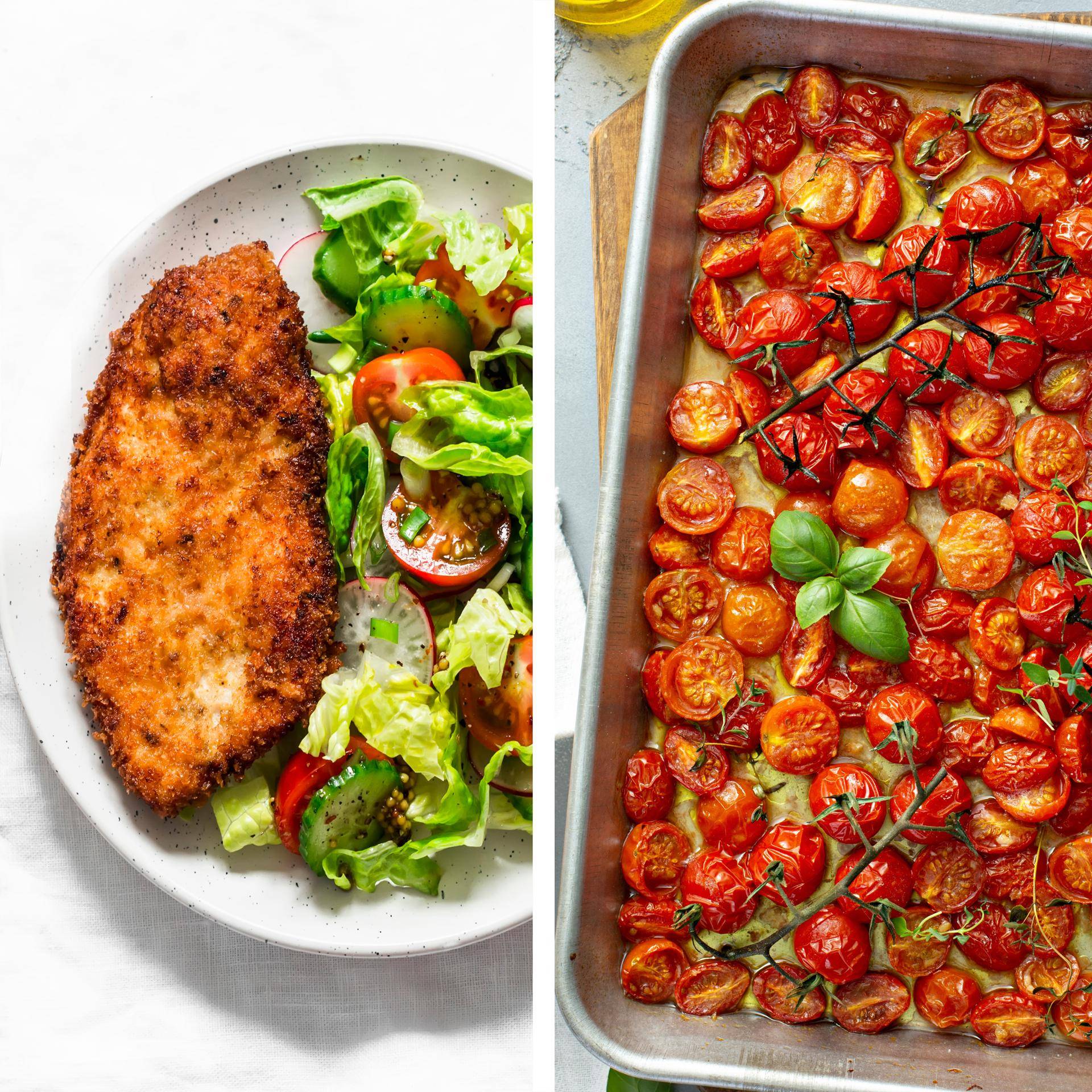Frango à Milanesa, salada mediterrânica e tomates cherry assados - Receita Dual EasyFry&Grill | Moulinex