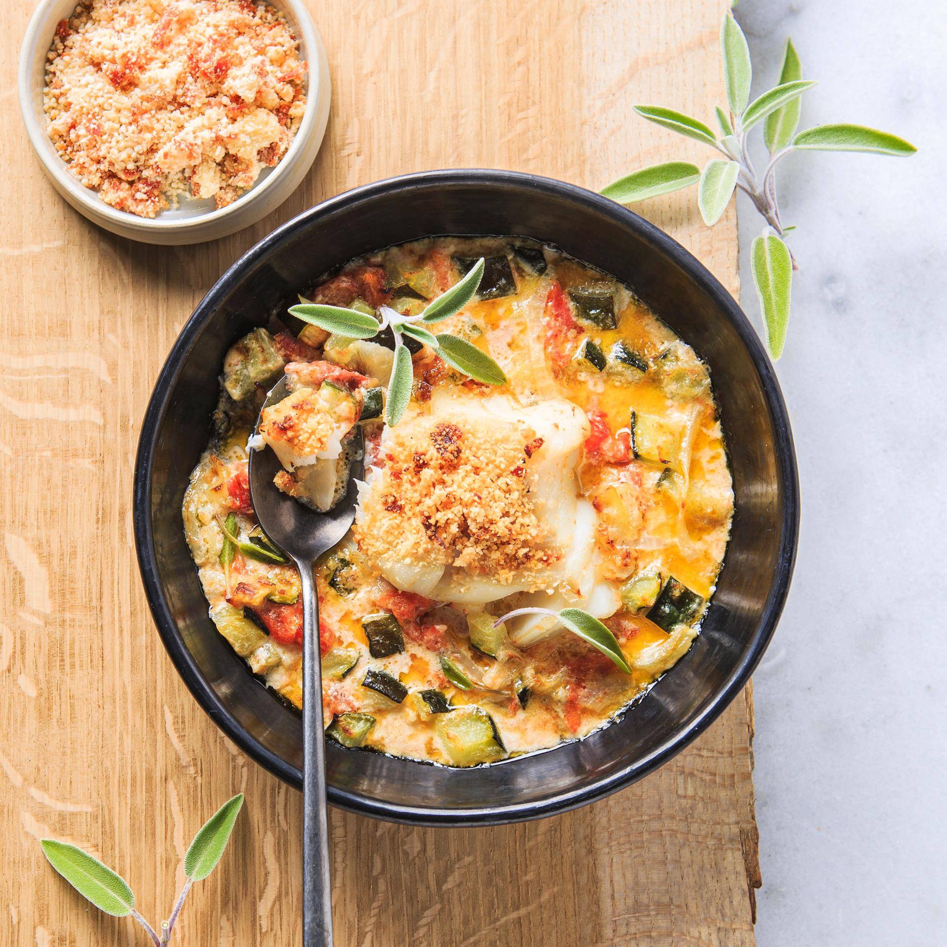 Crumble de bacalhau e chouriço - Receita Cookeo | Moulinex