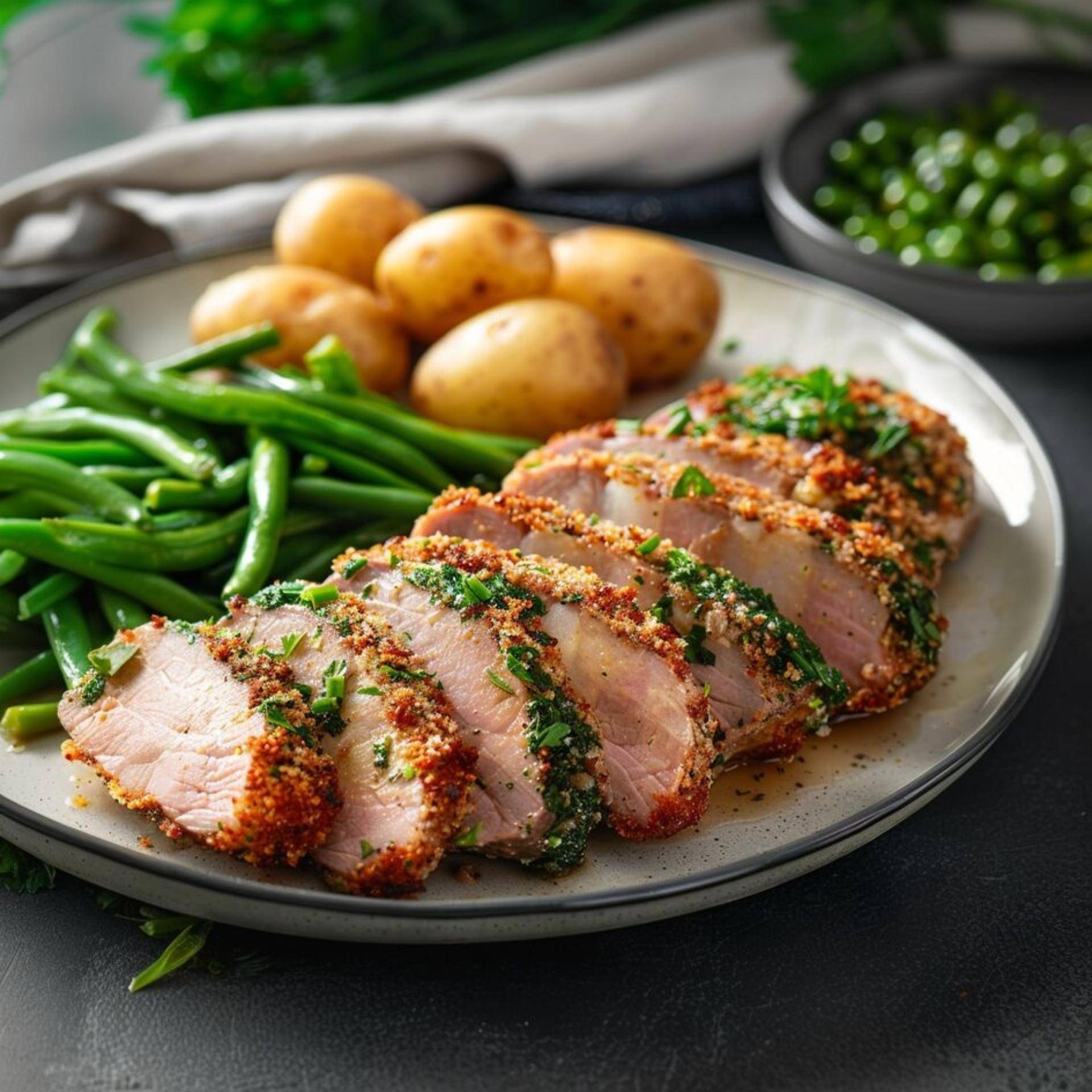 Lombo de porco com crosta de ervas, batatas novas e feijão-verde - Receita Companion Connect | Moulinex