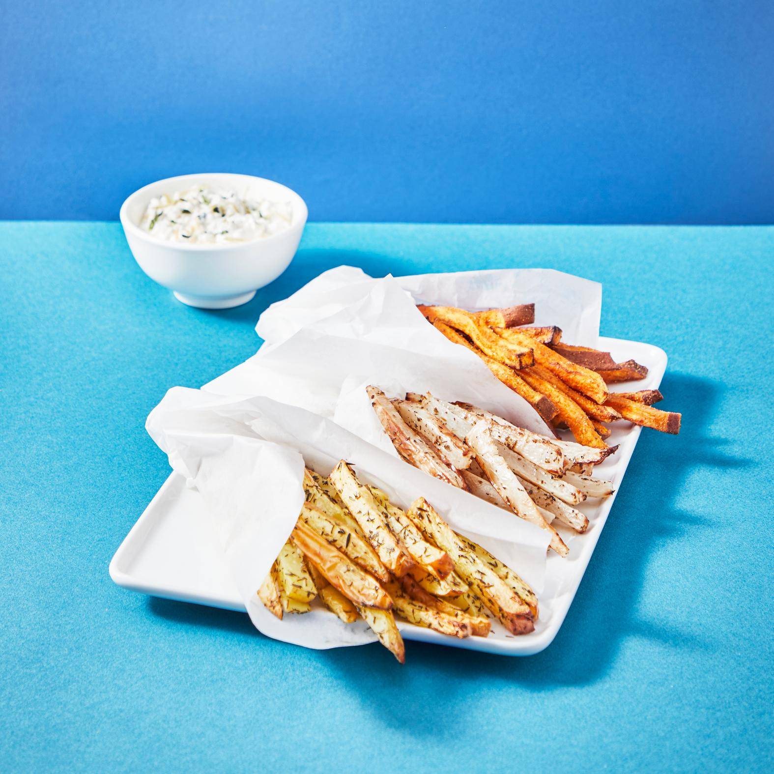 Batatas fritas de legumes com creme feta - Receita undefined | Moulinex