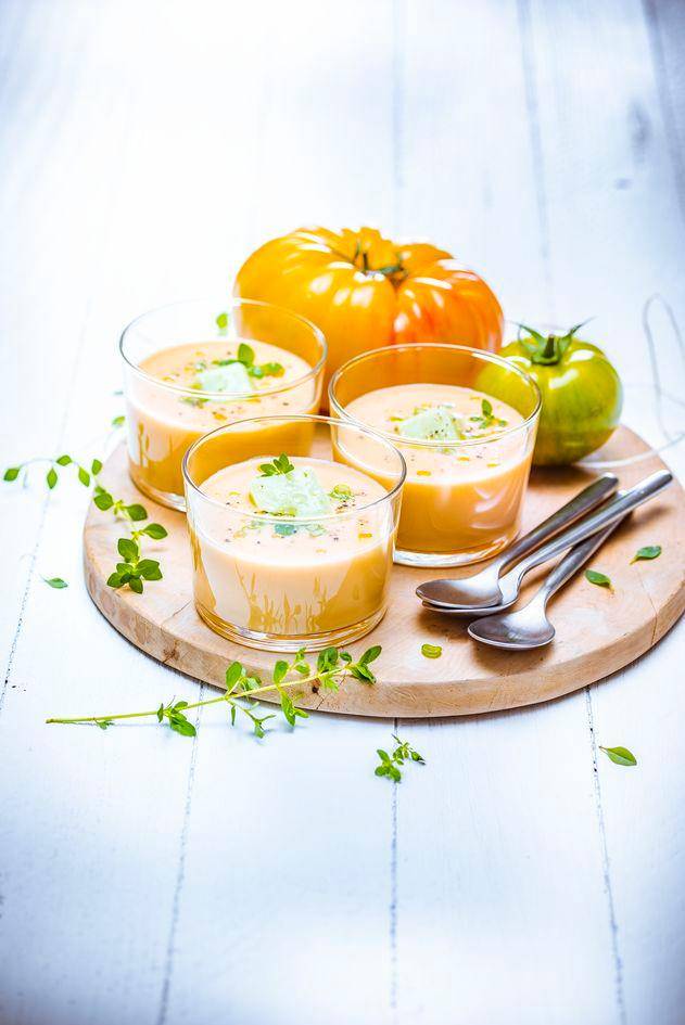 Gaspacho de tomate amarelo com cubos de gelo de tomate verde - Receita Perfectmix + | Moulinex