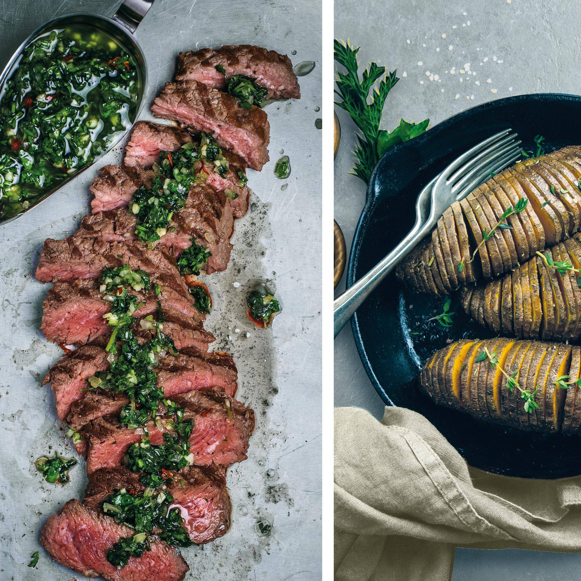 Chimichurri de carne de vaca e batatas-doces hasselback - Receita Easy Fry XL Surface | Moulinex