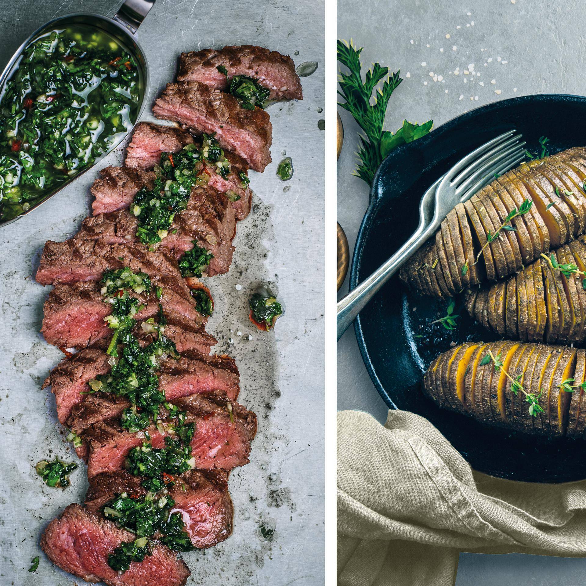 Bife chimichurri e batatas-doces tipo Hasselback - Receita Dual EasyFry&Grill | Moulinex